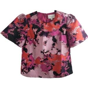 Pomander Place Lyla Blouse S Pink Red Lurex Jacquard Puff Sleeve Textured Top